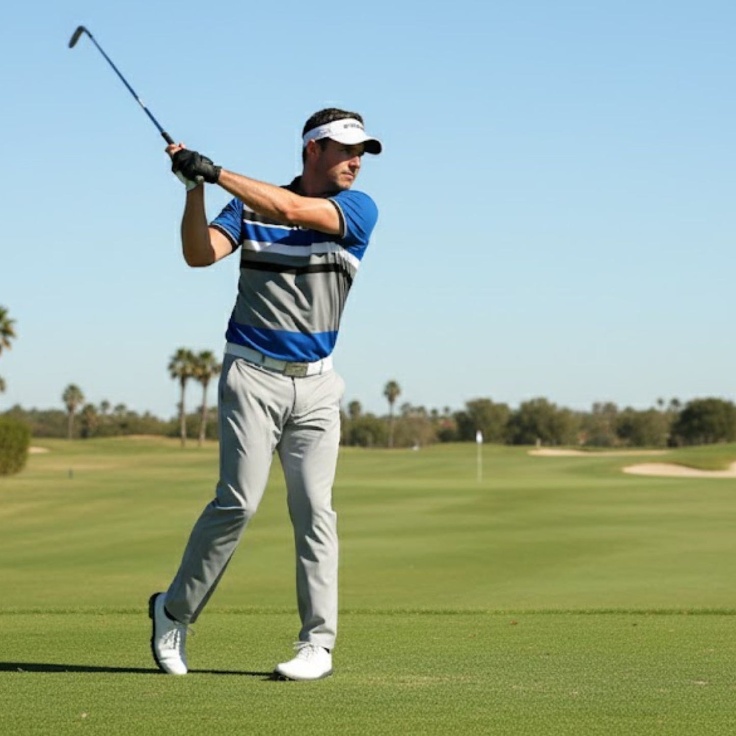Golfer in action on a golf course with clear blue sky