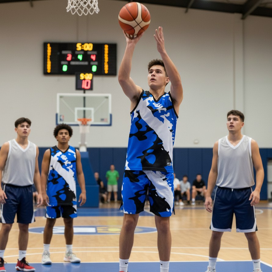 Basketball player in mid-air shooting a basketball on a court in jersey 603 - kca sports custom teamwear