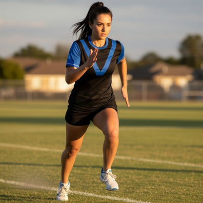 Woman running in black and blue 901 tshirt-custom teamwear
